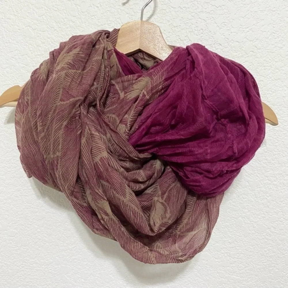 Tan and wine color infinity scarf with leaf print